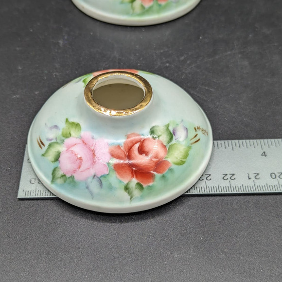 Vintage Porcelain Hand Painted Red And Pink Roses Candlestick Holders Signed - Picture 12 of 16